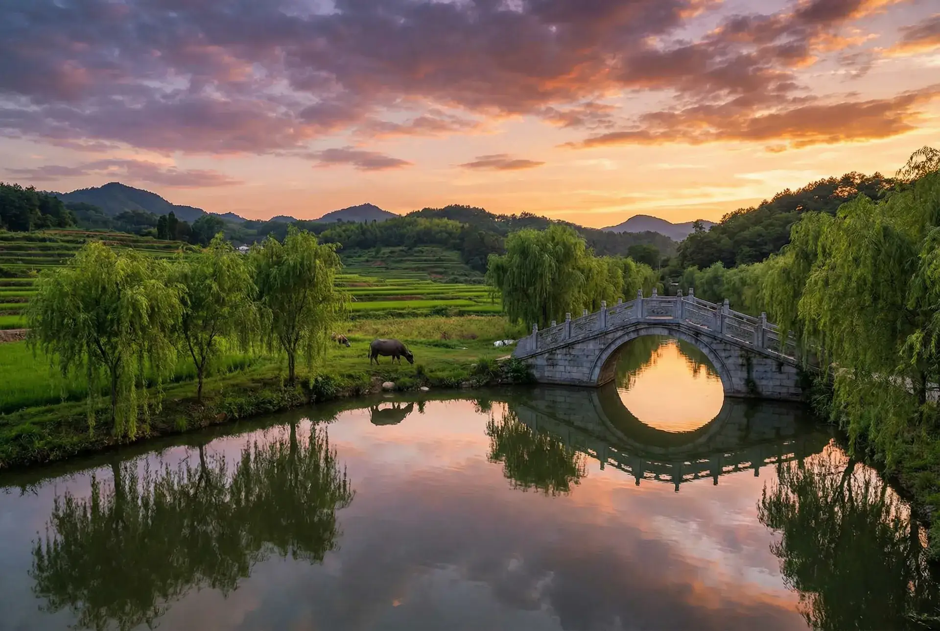夕阳下的石拱桥与垂柳，水牛在河边吃草 - 足交动漫 乡村美景